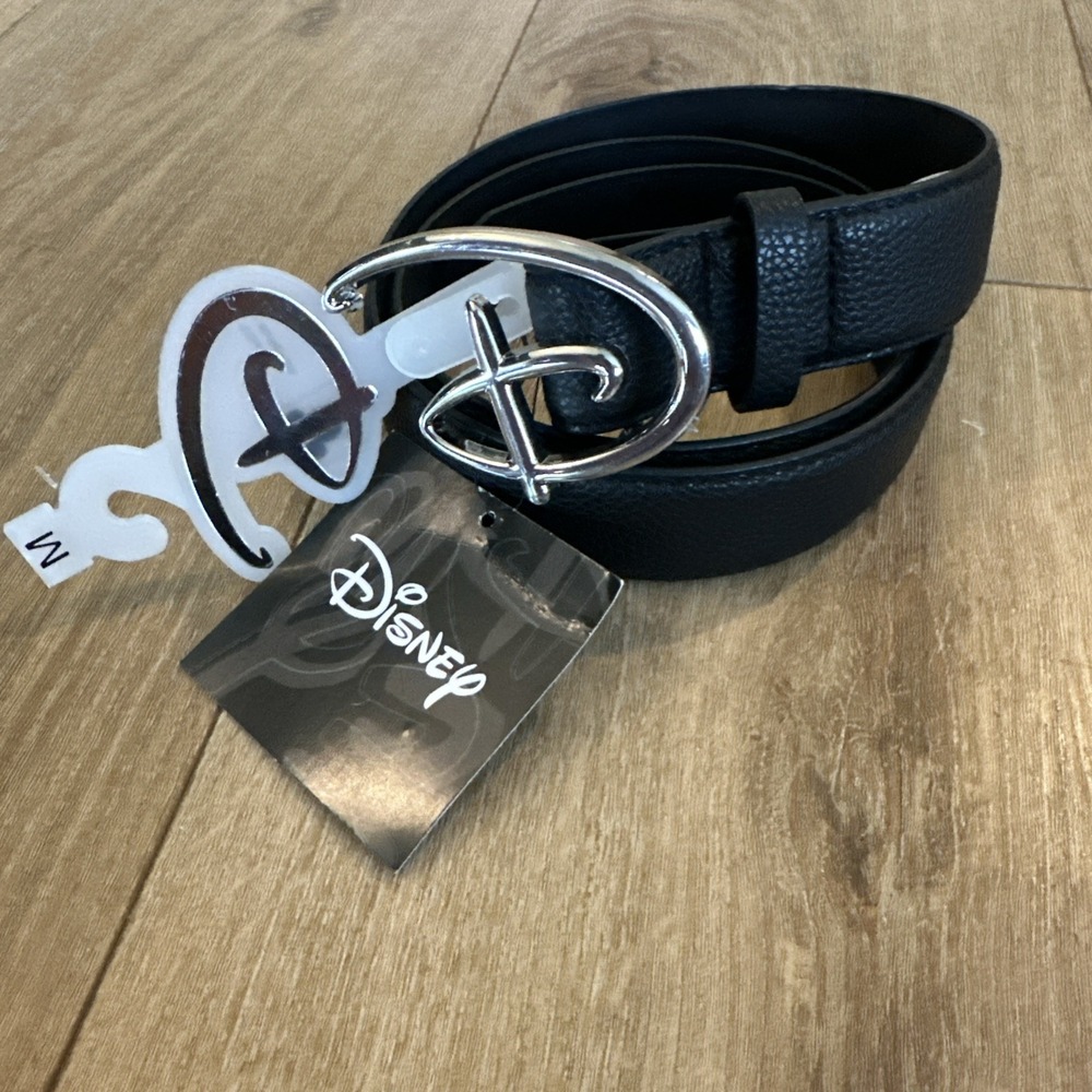 Disney Signature "D" Logo Belt Buckle Black Vegan Leather Women's Medium NEW